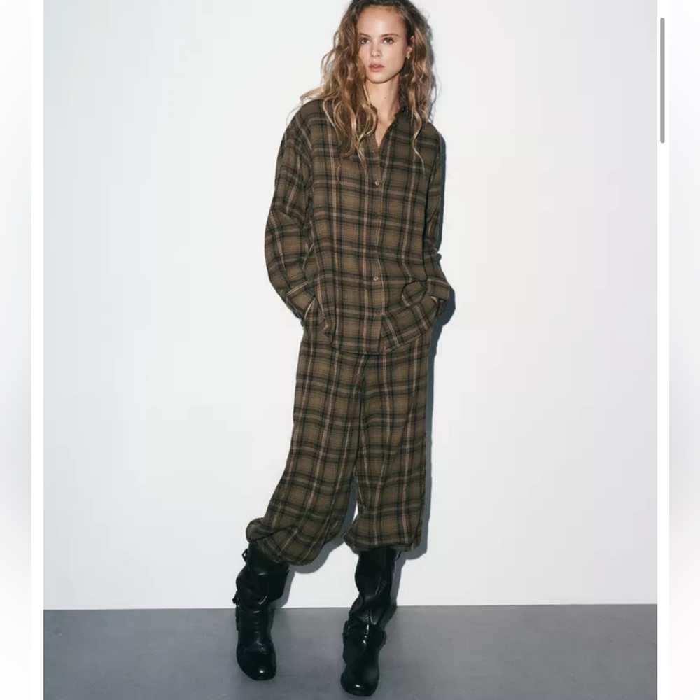 NWT Zara Plaid Balloon Pants Light Brown Tartan Check Trousers Women M